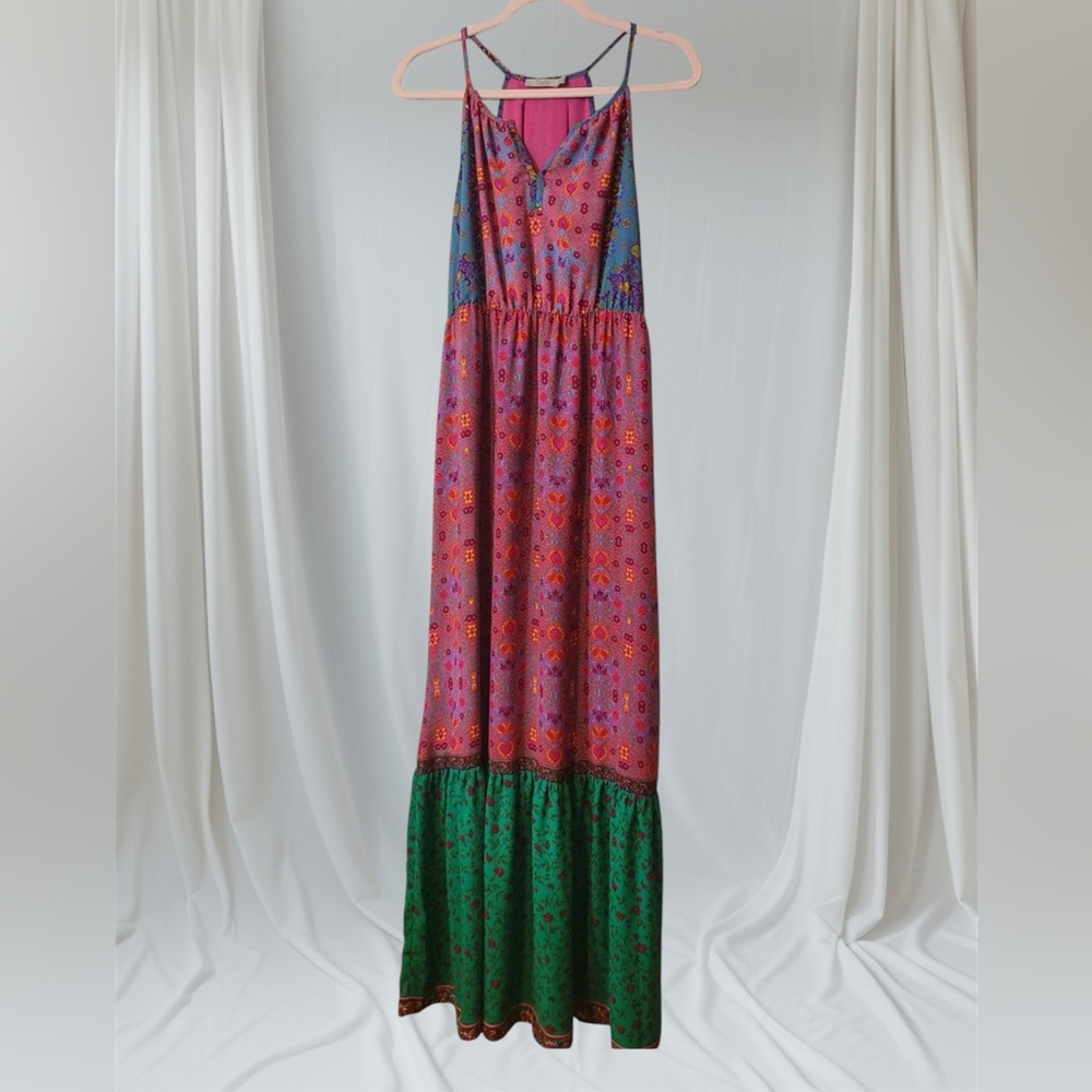 Dalia Tiered Hem Maxi Dress Boho Peasant Pink Green Mix Print Juniors Sz 6